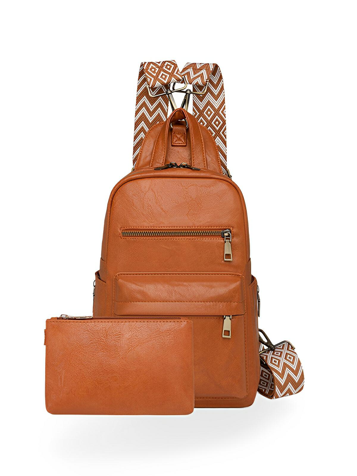 Sac à dos + pochette femme, sac bandoulière, design vintage, multi - poches, simili vegan effet, modèle Diana - Sac à dos - Camel