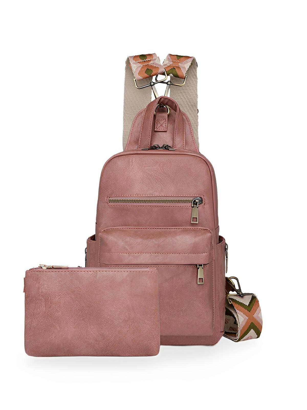 Sac à dos + pochette femme, sac bandoulière, design vintage, multi - poches, simili vegan effet, modèle Diana - Sac à dos - Rose
