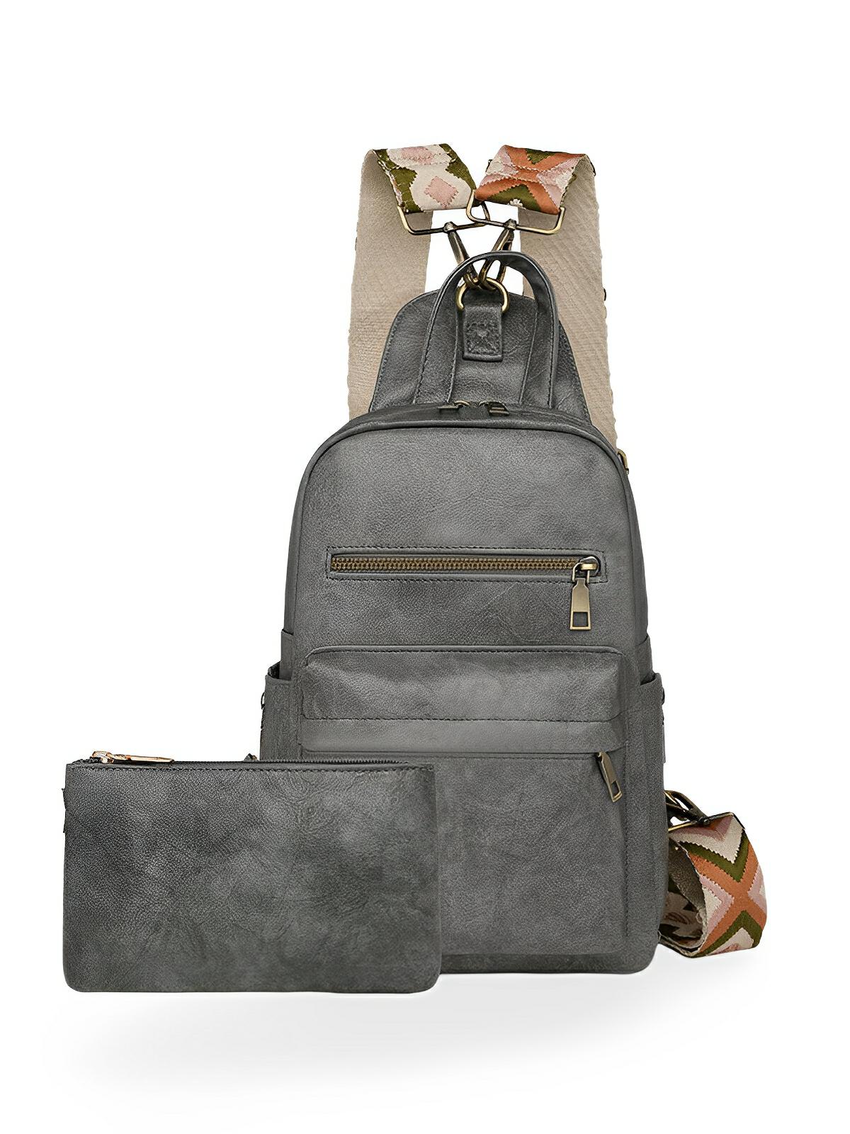 Sac à dos + pochette femme, sac bandoulière, design vintage, multi - poches, simili vegan effet, modèle Diana - Sac à dos - Gris