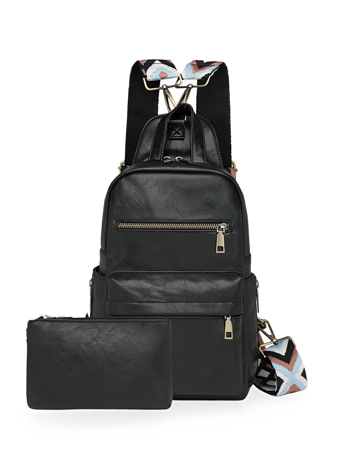 Sac à dos + pochette femme, sac bandoulière, design vintage, multi - poches, simili vegan effet, modèle Diana - Sac à dos - Noir