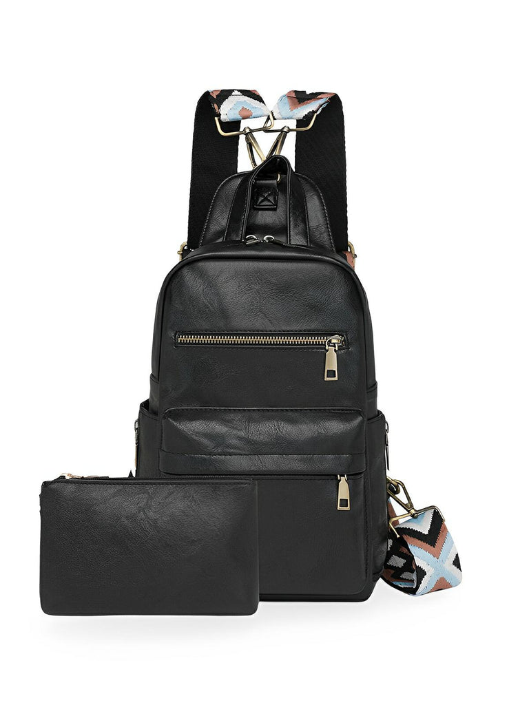 Sac à dos + pochette femme, sac bandoulière, design vintage, multi - poches, simili vegan effet, modèle Diana - Sac à dos - Noir