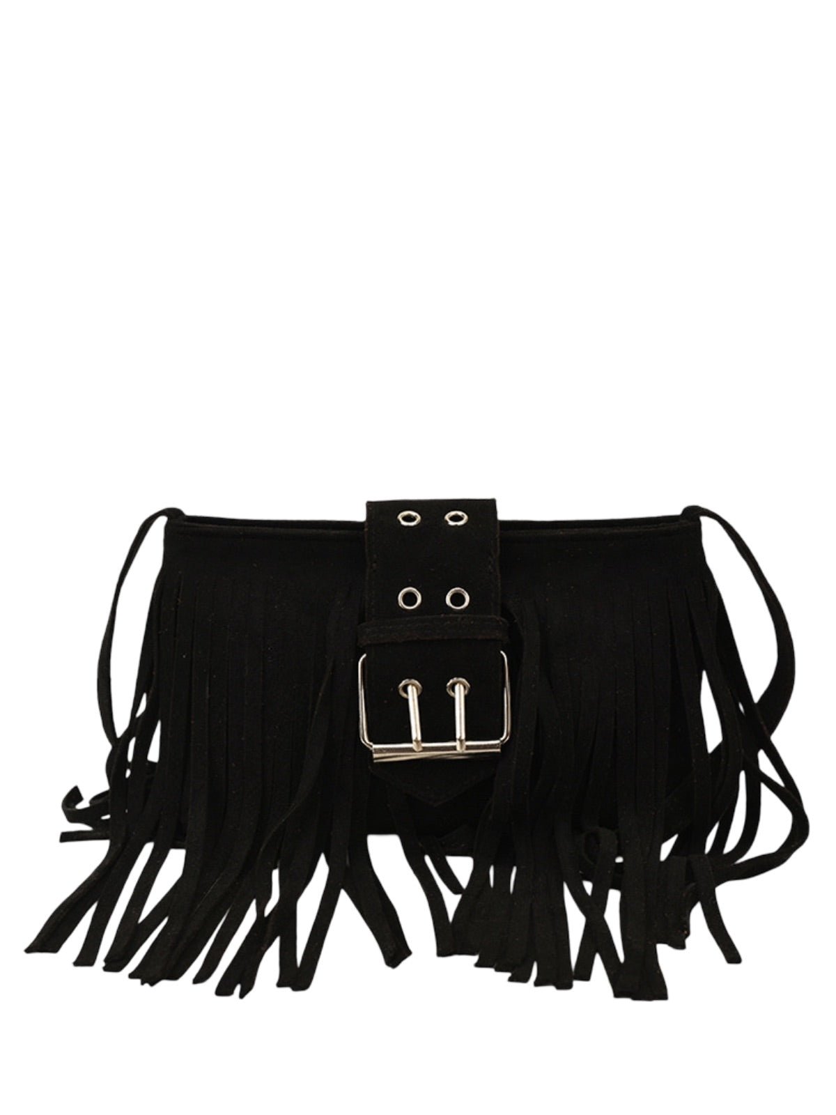 Sac à main à franges, forme rectangulaire, bandoulière réglable, style bohème, fermeture zippée, modèle Leneri - Sac à main - Noir