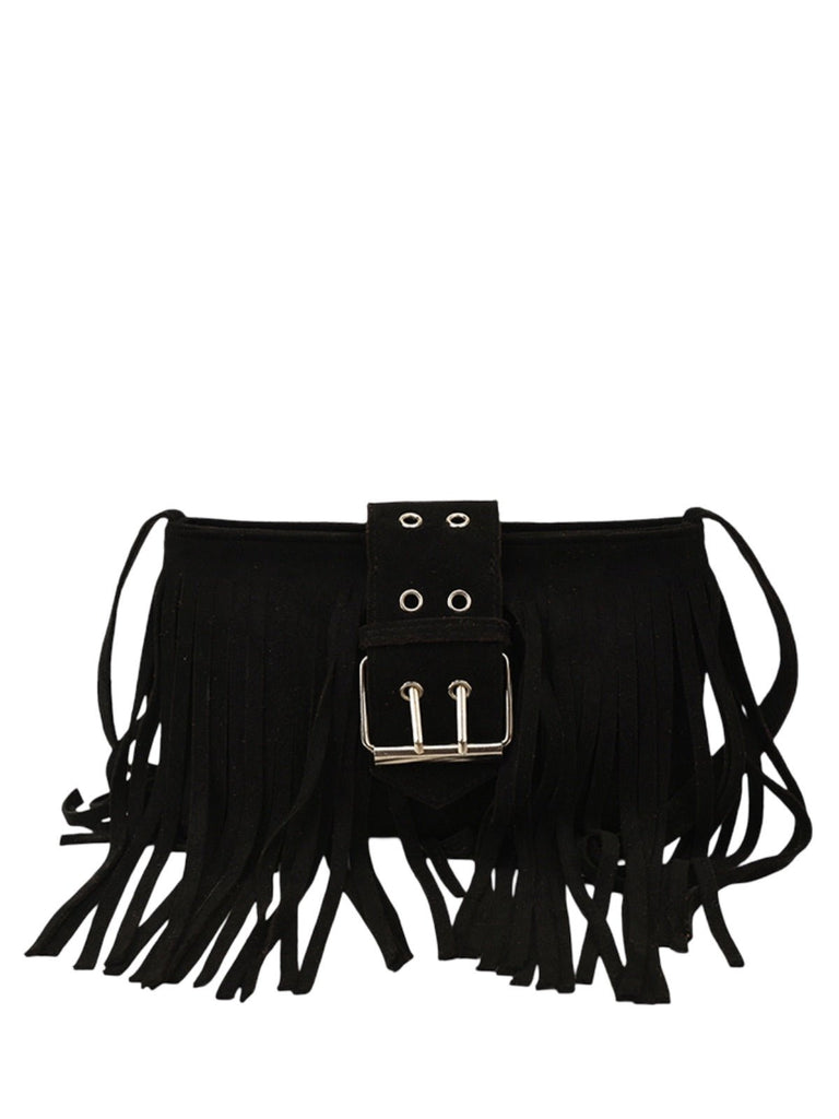 Sac à main à franges, forme rectangulaire, bandoulière réglable, style bohème, fermeture zippée, modèle Leneri - Sac à main - Noir