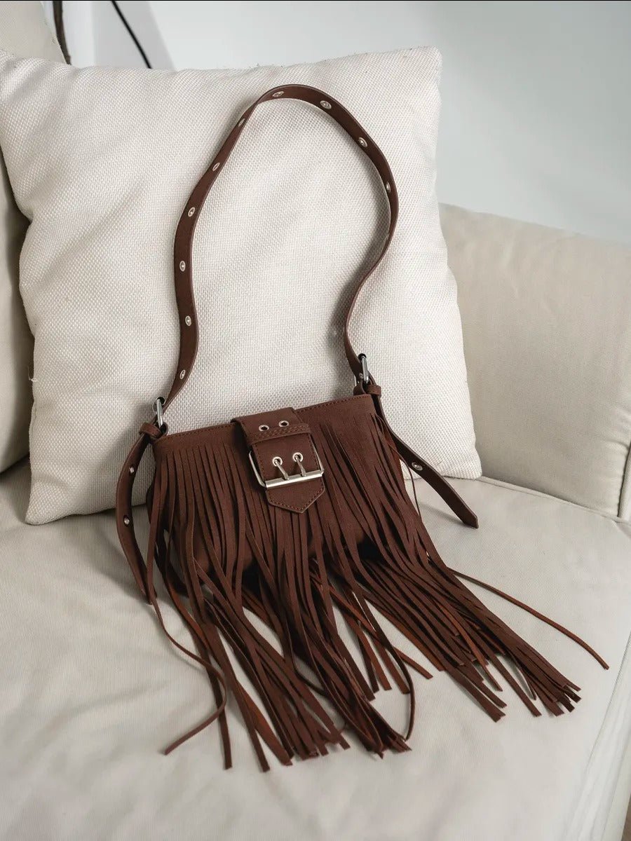 Sac à main à franges, forme rectangulaire, bandoulière réglable, style bohème, fermeture zippée, modèle Leneri - Sac à main - Café