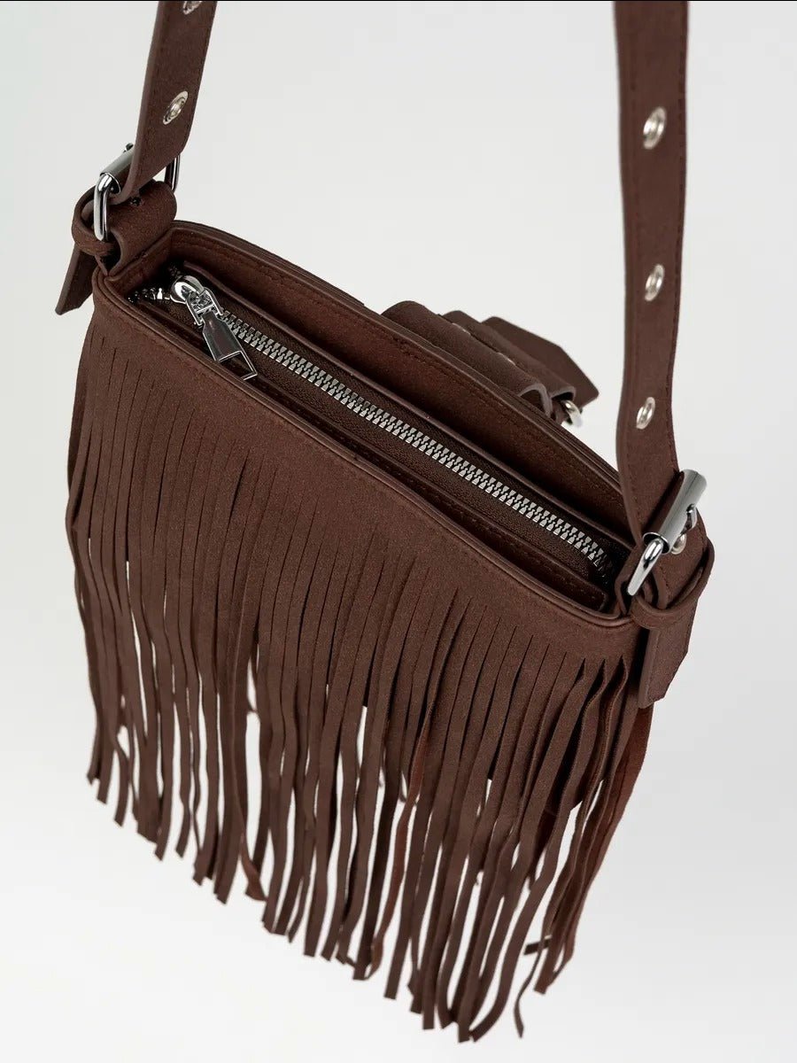 Sac à main à franges, forme rectangulaire, bandoulière réglable, style bohème, fermeture zippée, modèle Leneri - Sac à main - Café