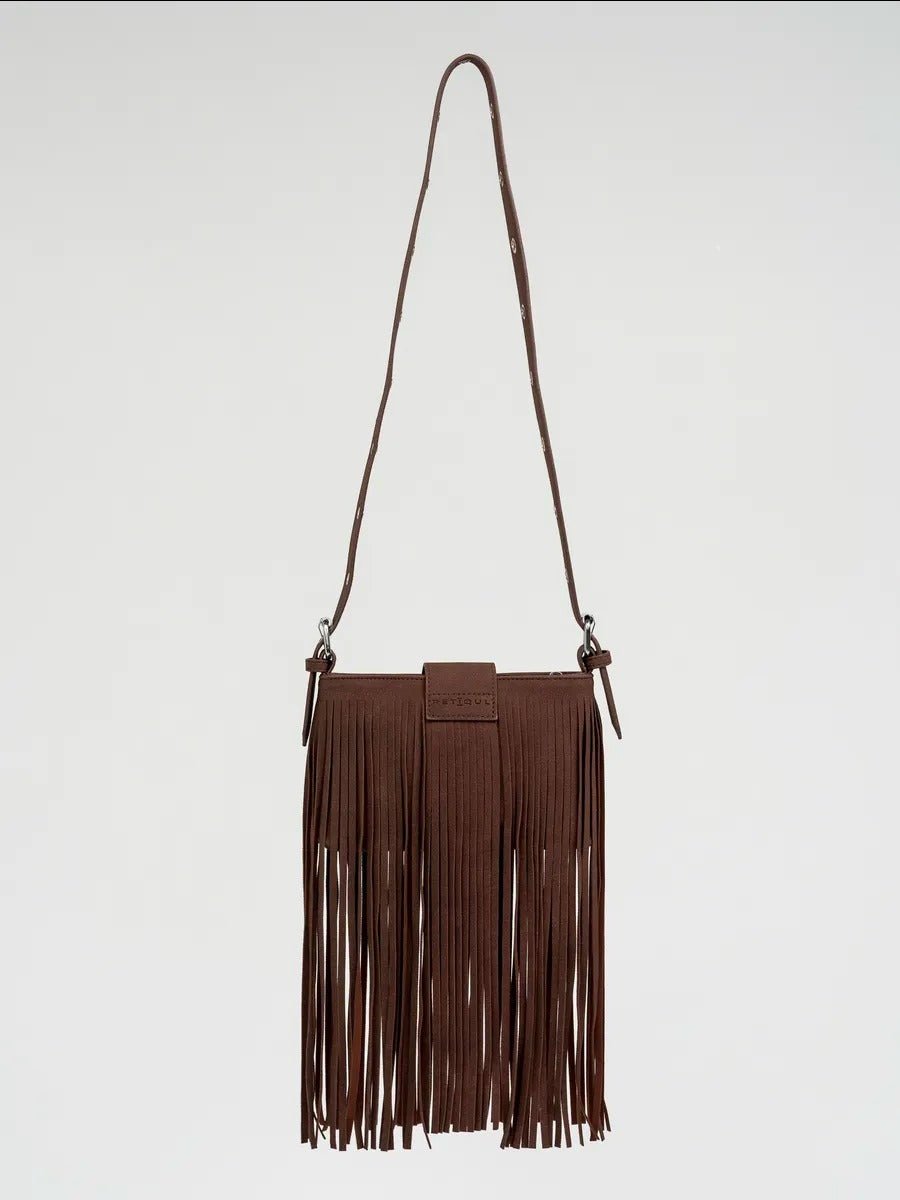 Sac à main à franges, forme rectangulaire, bandoulière réglable, style bohème, fermeture zippée, modèle Leneri - Sac à main - Café