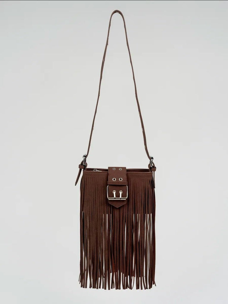 Sac à main à franges, forme rectangulaire, bandoulière réglable, style bohème, fermeture zippée, modèle Leneri - Sac à main - Café