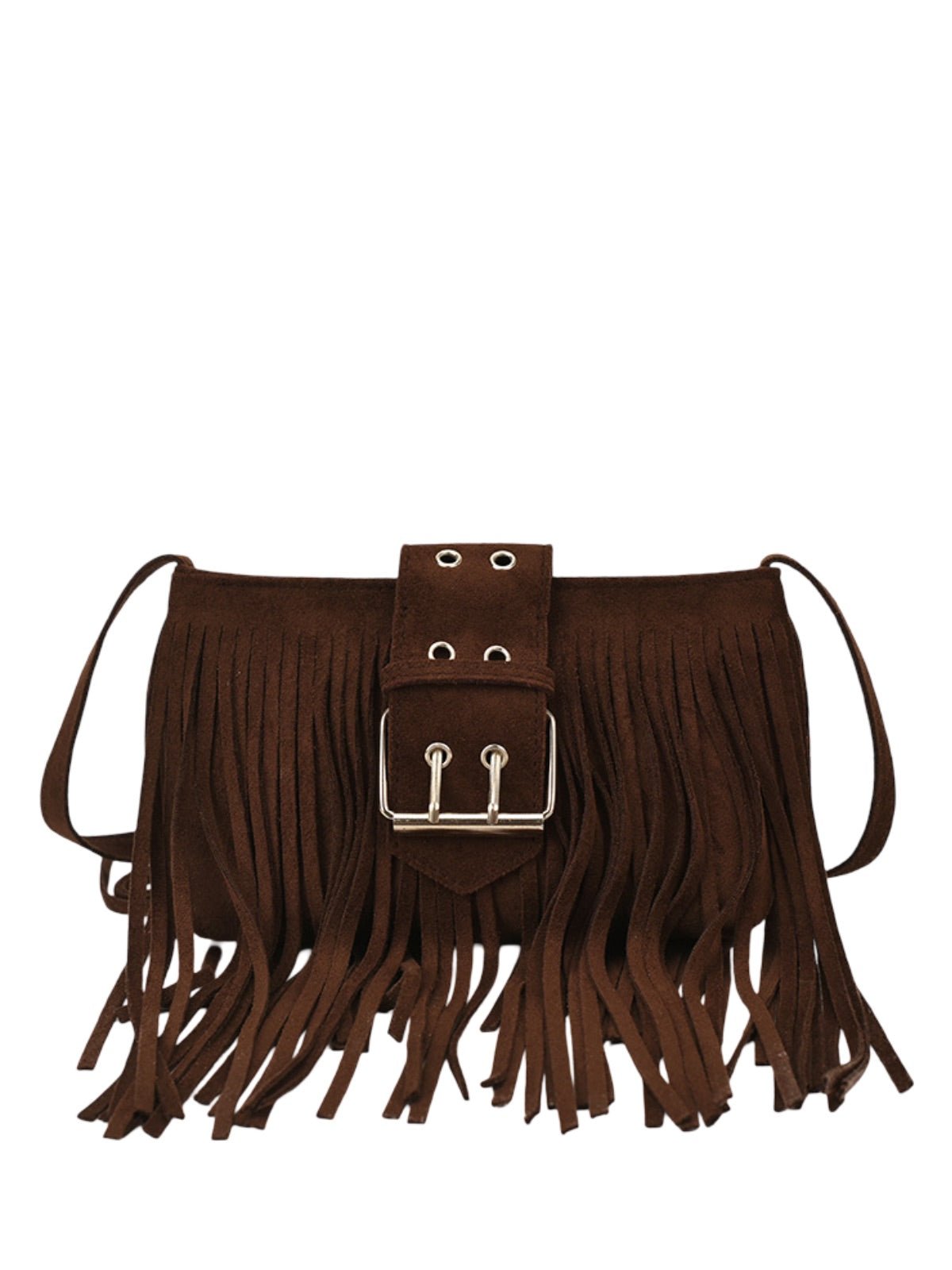 Sac à main à franges, forme rectangulaire, bandoulière réglable, style bohème, fermeture zippée, modèle Leneri - Sac à main - Café