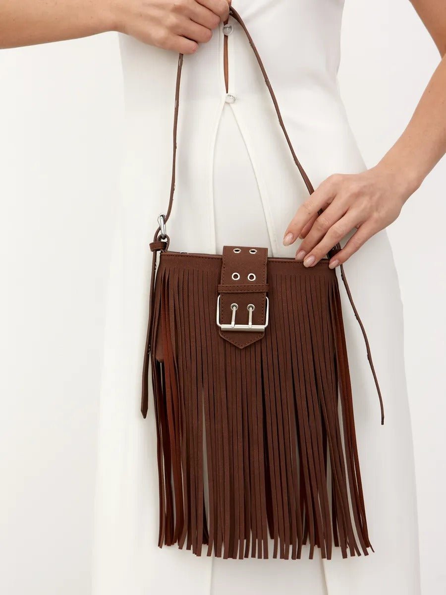 Sac à main à franges, forme rectangulaire, bandoulière réglable, style bohème, fermeture zippée, modèle Leneri - Sac à main - Café