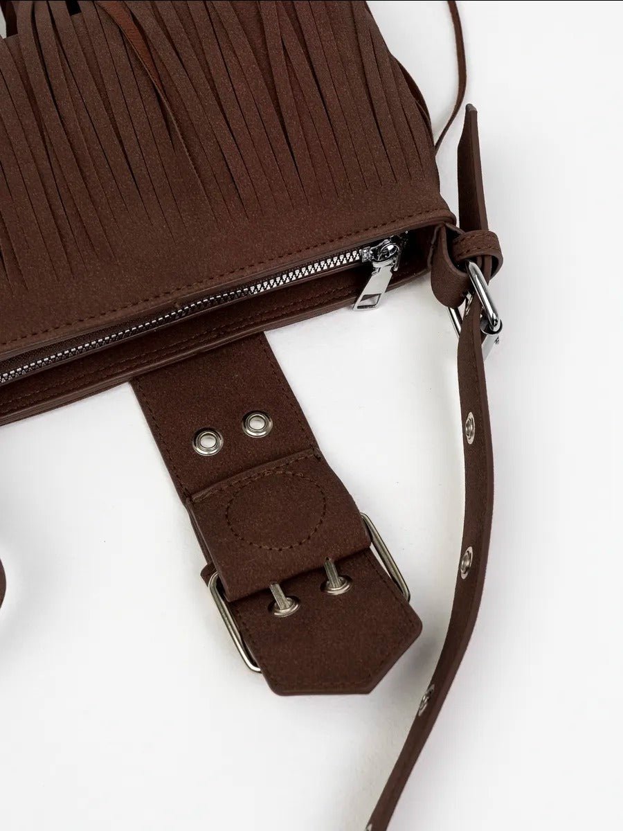 Sac à main à franges, forme rectangulaire, bandoulière réglable, style bohème, fermeture zippée, modèle Leneri - Sac à main - Café