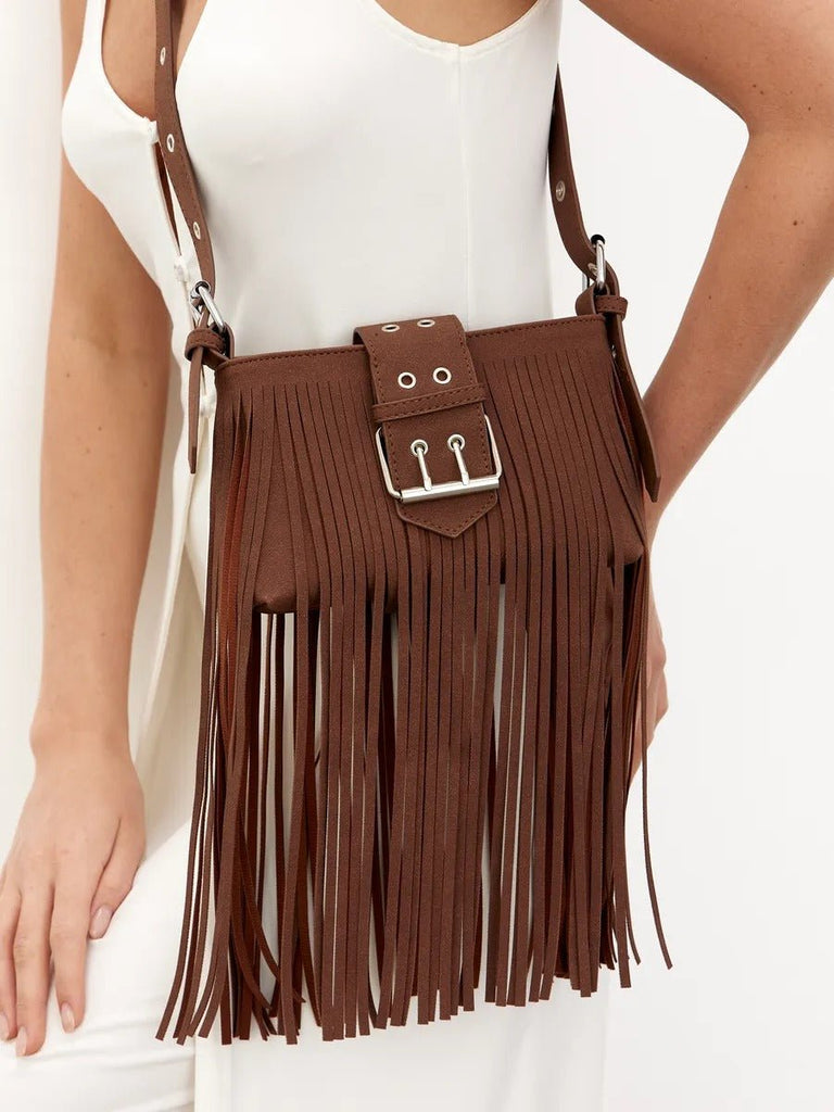 Sac à main à franges, forme rectangulaire, bandoulière réglable, style bohème, fermeture zippée, modèle Leneri - Sac à main - Café