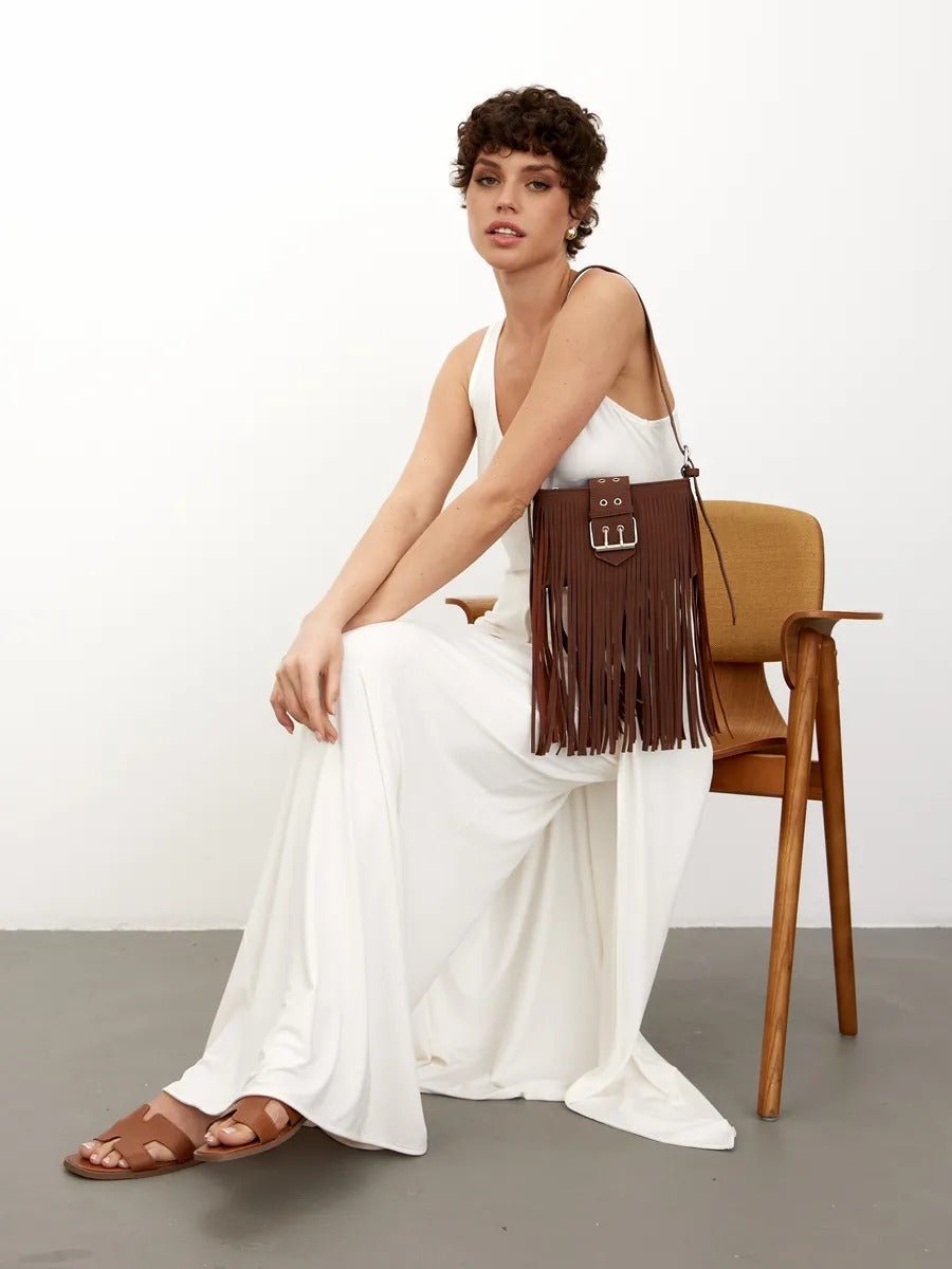 Sac à main à franges, forme rectangulaire, bandoulière réglable, style bohème, fermeture zippée, modèle Leneri - Sac à main - Café