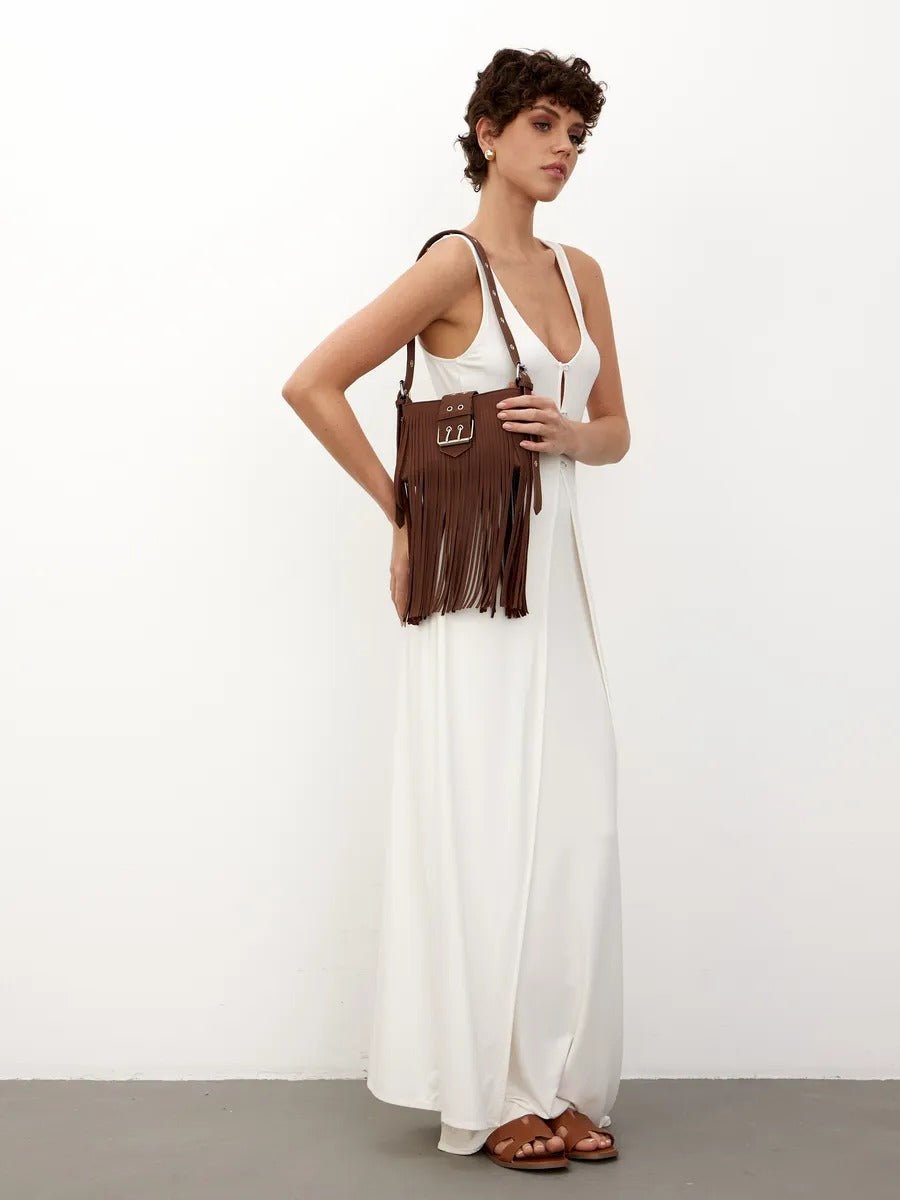 Sac à main à franges, forme rectangulaire, bandoulière réglable, style bohème, fermeture zippée, modèle Leneri - Sac à main - Café