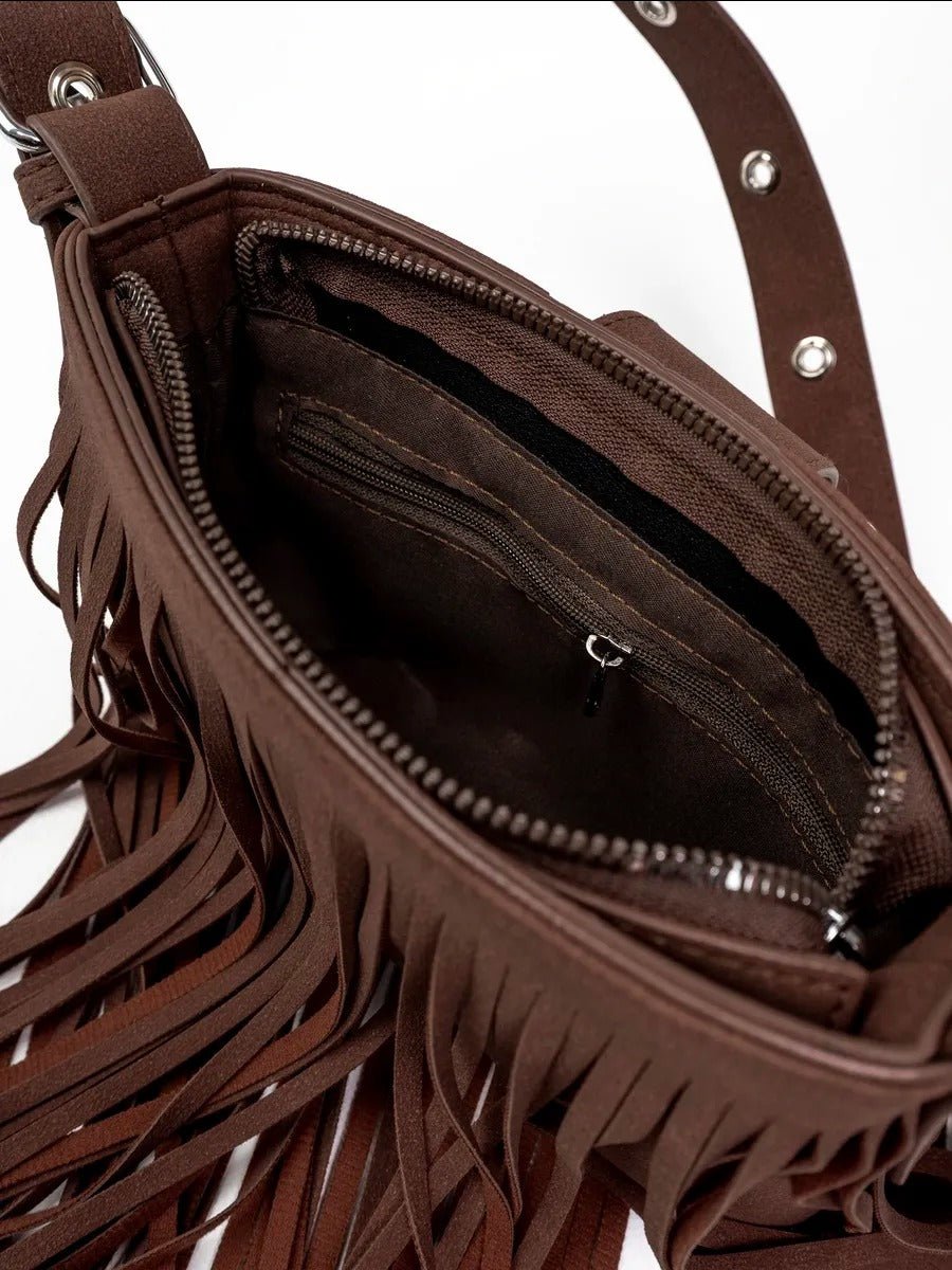 Sac à main à franges, forme rectangulaire, bandoulière réglable, style bohème, fermeture zippée, modèle Leneri - Sac à main - Café