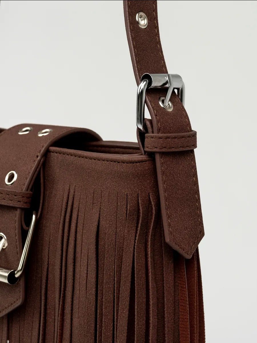 Sac à main à franges, forme rectangulaire, bandoulière réglable, style bohème, fermeture zippée, modèle Leneri - Sac à main - Café