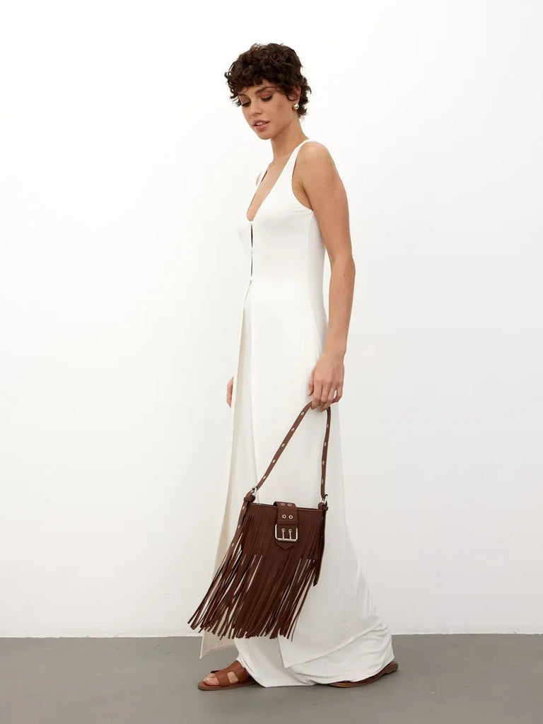 Sac à main à franges, forme rectangulaire, bandoulière réglable, style bohème, fermeture zippée, modèle Leneri - Sac à main - Café