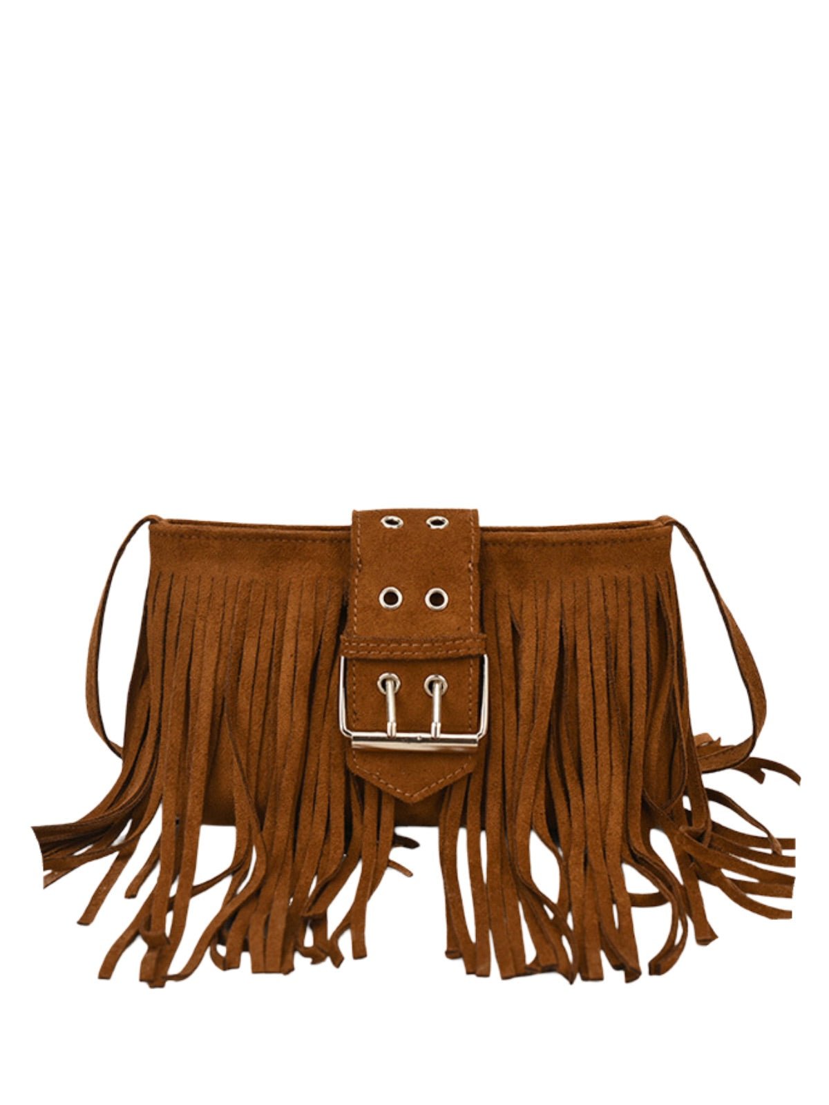 Sac à main à franges, forme rectangulaire, bandoulière réglable, style bohème, fermeture zippée, modèle Leneri - Sac à main - Marron