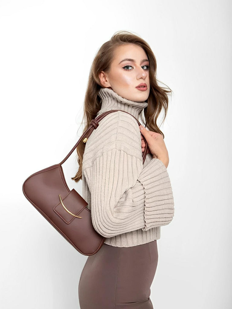 Sac à main baguette compact femme, simili vegan, bandoulière courte, imperméable, design minimaliste, modèle Bella - Sac à main - Marron