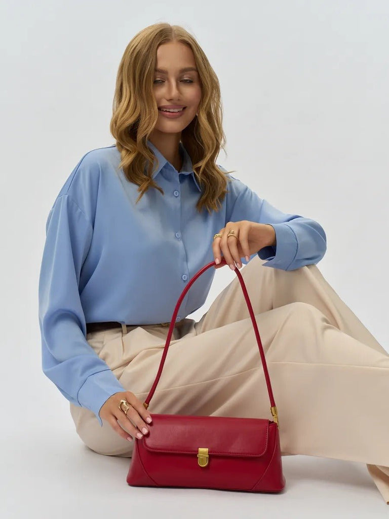 Sac à main baguette femme, sac bandoulière femme, sac épaule vintage, petit sac rigide, sac fermeture dorée, sac chic, modèle Ingrid - Sac à main - Rouge