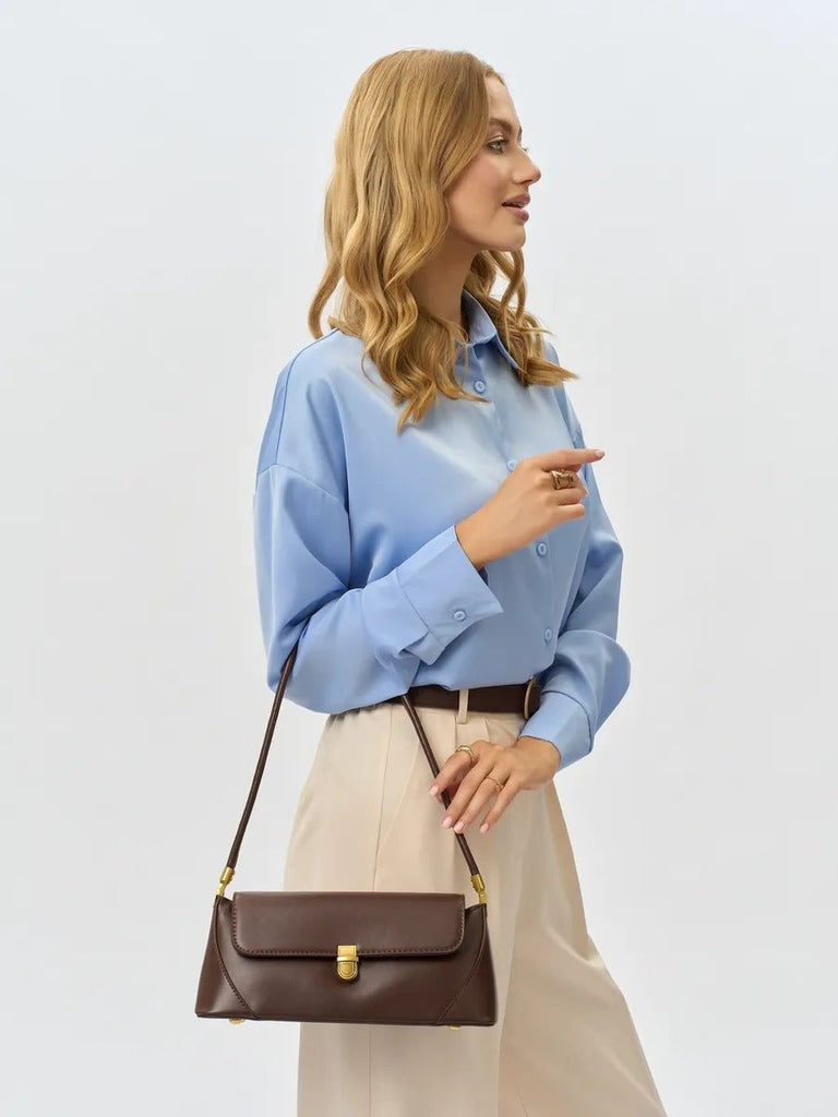 Sac à main baguette femme, sac bandoulière femme, sac épaule vintage, petit sac rigide, sac fermeture dorée, sac chic, modèle Ingrid - Sac à main - Café