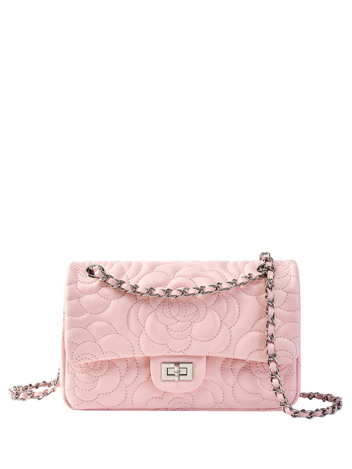Sac à main bandoulière femme cuir matelassé, chaîne argentée, format moyen, rabat à fermoir, style floral, modèle Gimea - Sac à main - Rose