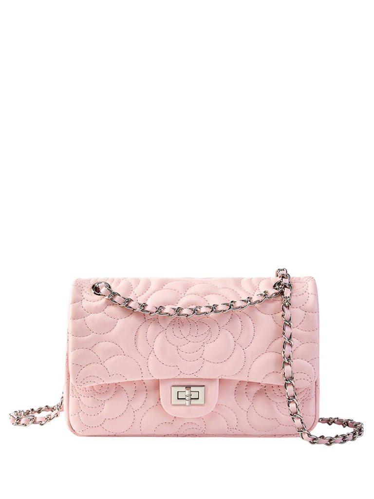 Sac à main bandoulière femme cuir matelassé, chaîne argentée, format moyen, rabat à fermoir, style floral, modèle Gimea - Sac à main - Rose