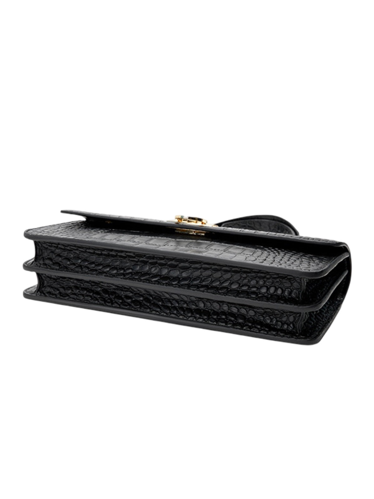 Sac à main bandoulière femme, effet croco, chaîne dorée, format rectangulaire, style chic, sac rabat, modèle Savine - Sac à main - Noir