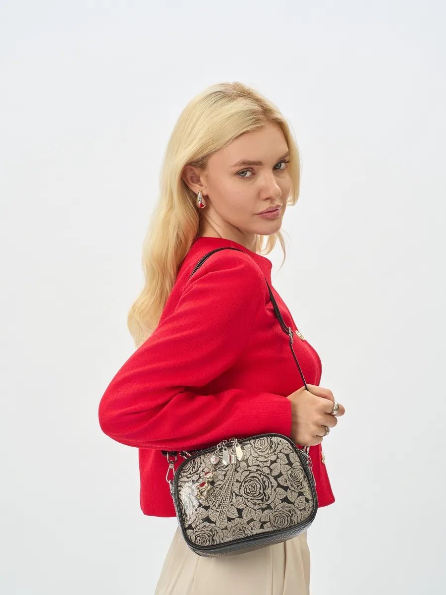Sac à main bandoulière femme, sac à main à motif brillant, sac porté travers compact, chic fantaisie, mini sac rigide, modèle Audrey - Sac à main - Style 1