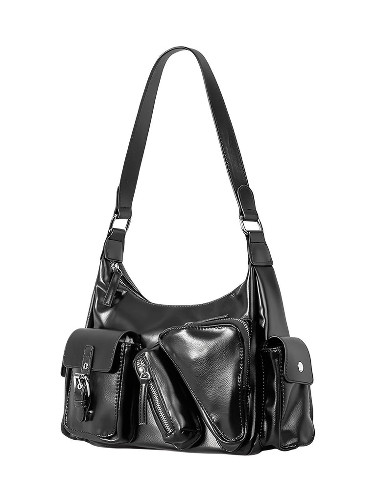 Sac à main bandoulière multi - poches, format moyen, en simili vegan, style Y2K, fermeture zip, modèle Trycane - Sac à main - Noir