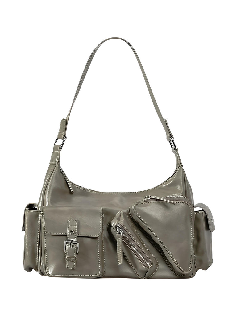 Sac à main bandoulière multi - poches, format moyen, en simili vegan, style Y2K, fermeture zip, modèle Trycane - Sac à main - Gris