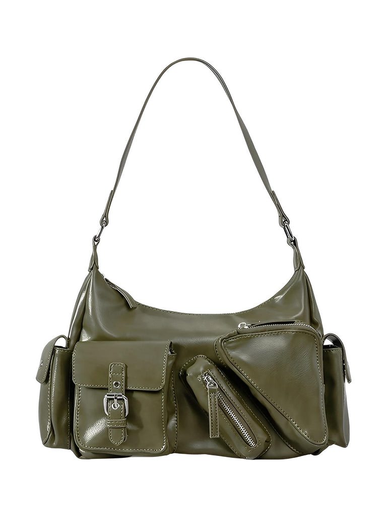 Sac à main bandoulière multi - poches, format moyen, en simili vegan, style Y2K, fermeture zip, modèle Trycane - Sac à main - Kaki