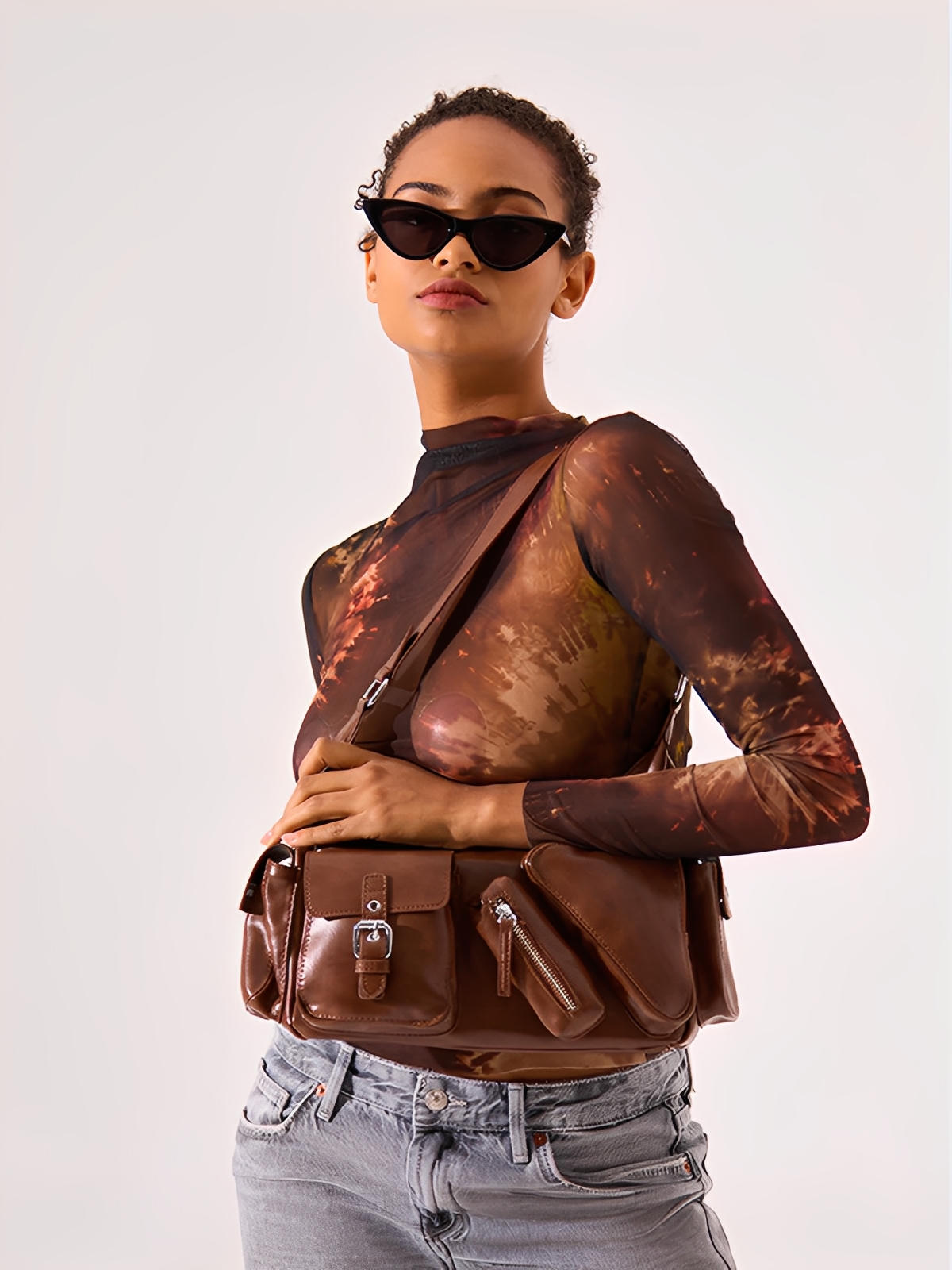 Sac à main bandoulière multi - poches, format moyen, en simili vegan, style Y2K, fermeture zip, modèle Trycane - Sac à main - Marron