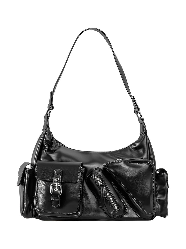 Sac à main bandoulière multi - poches, format moyen, en simili vegan, style Y2K, fermeture zip, modèle Trycane - Sac à main - Noir
