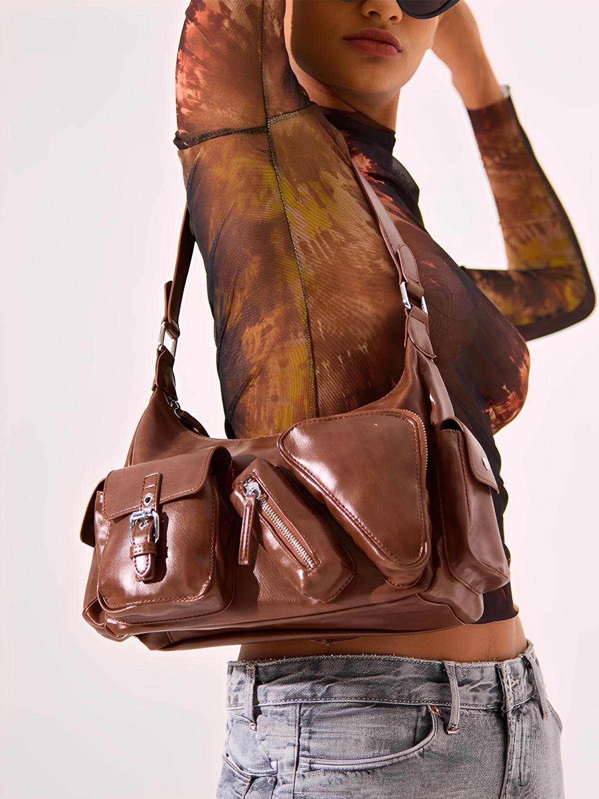 Sac à main bandoulière multi - poches, format moyen, en simili vegan, style Y2K, fermeture zip, modèle Trycane - Sac à main - Marron