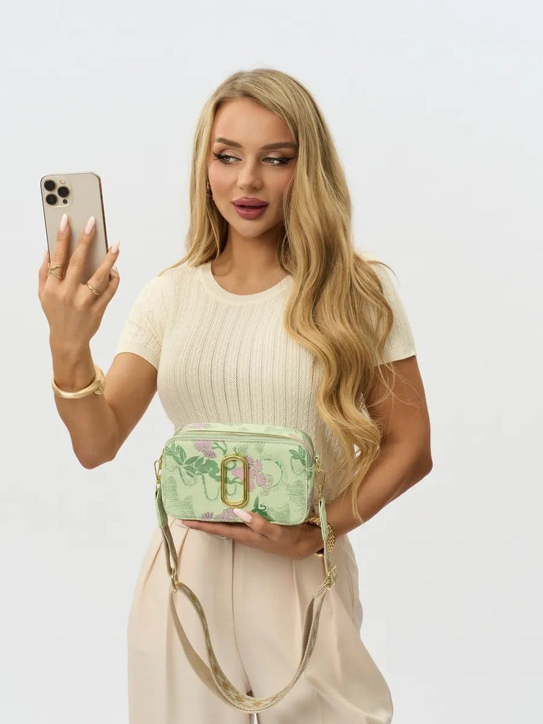 Sac à main bandoulière vert pastel, imprimé floral, mini format, fermeture zippée, bandoulière réglable, modèle Goliva - Sac à main - Vert