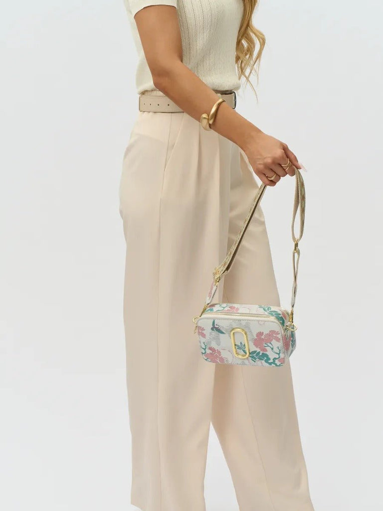 Sac à main bandoulière vert pastel, imprimé floral, mini format, fermeture zippée, bandoulière réglable, modèle Goliva - Sac à main - Blanc