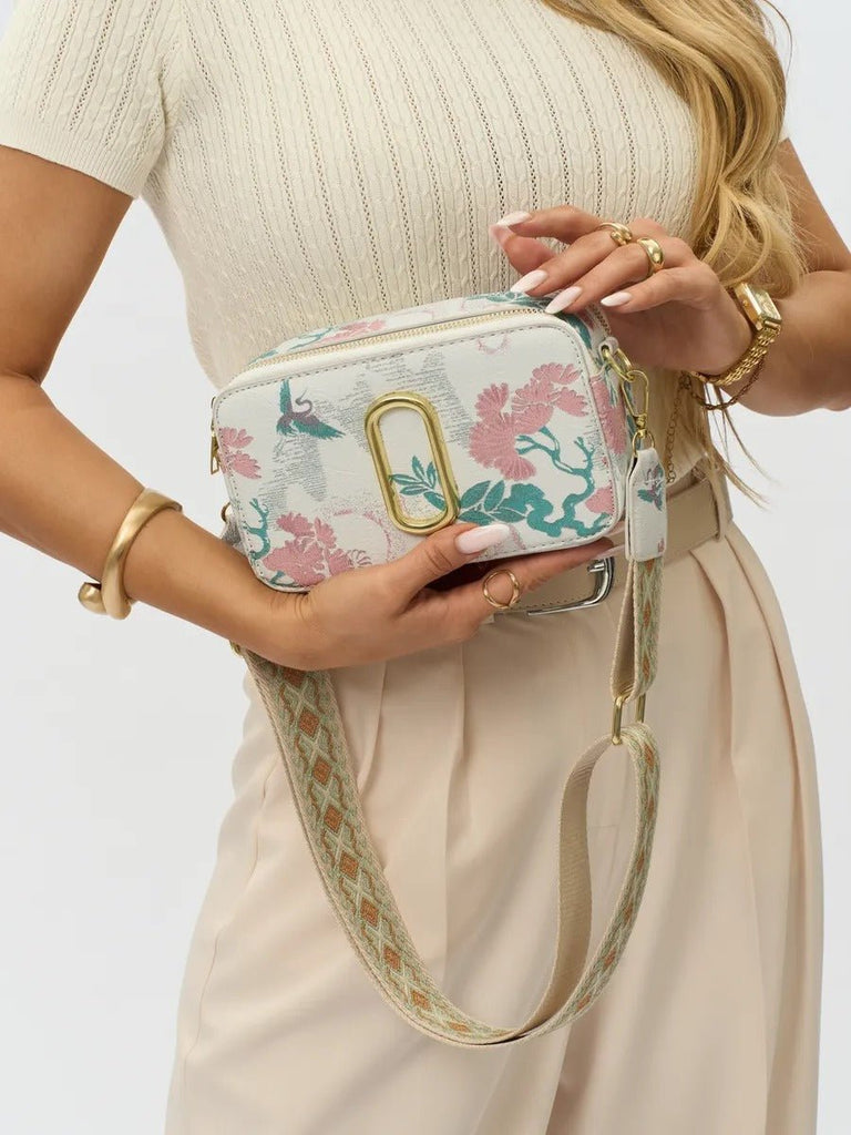 Sac à main bandoulière vert pastel, imprimé floral, mini format, fermeture zippée, bandoulière réglable, modèle Goliva - Sac à main - Blanc
