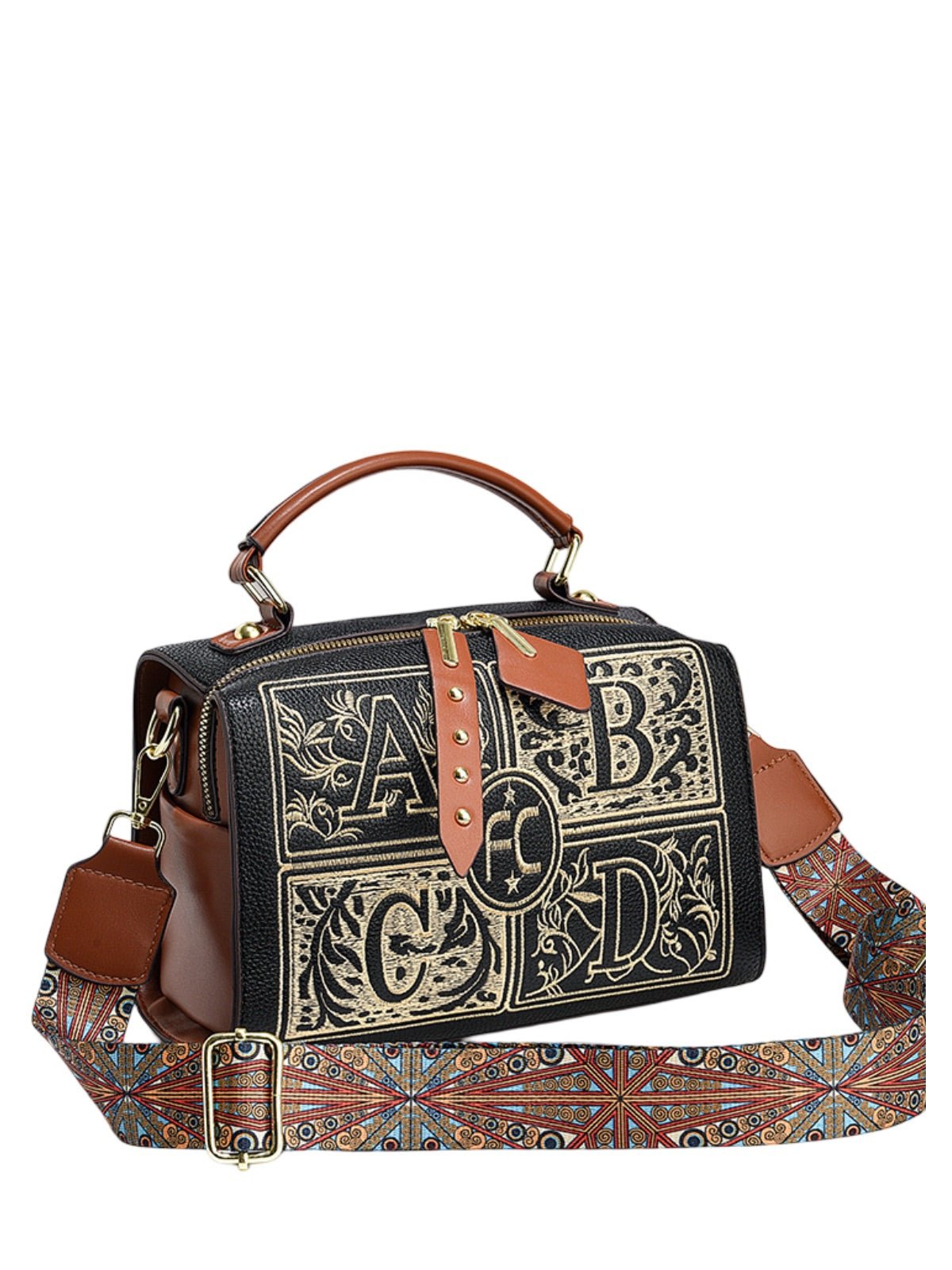Sac à main brodé, sac bandoulière femme, sac carré compact, sac rigide PU, sac original avec anses, modèle Ernestine - Sac à main - Noir