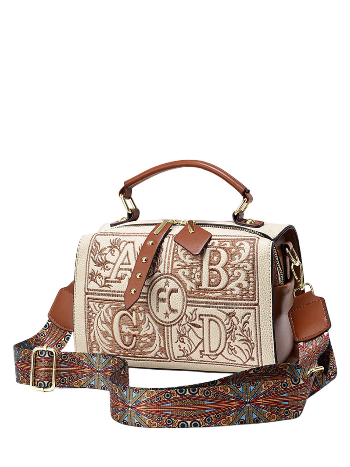 Sac à main brodé, sac bandoulière femme, sac carré compact, sac rigide PU, sac original avec anses, modèle Ernestine - Sac à main - Beige