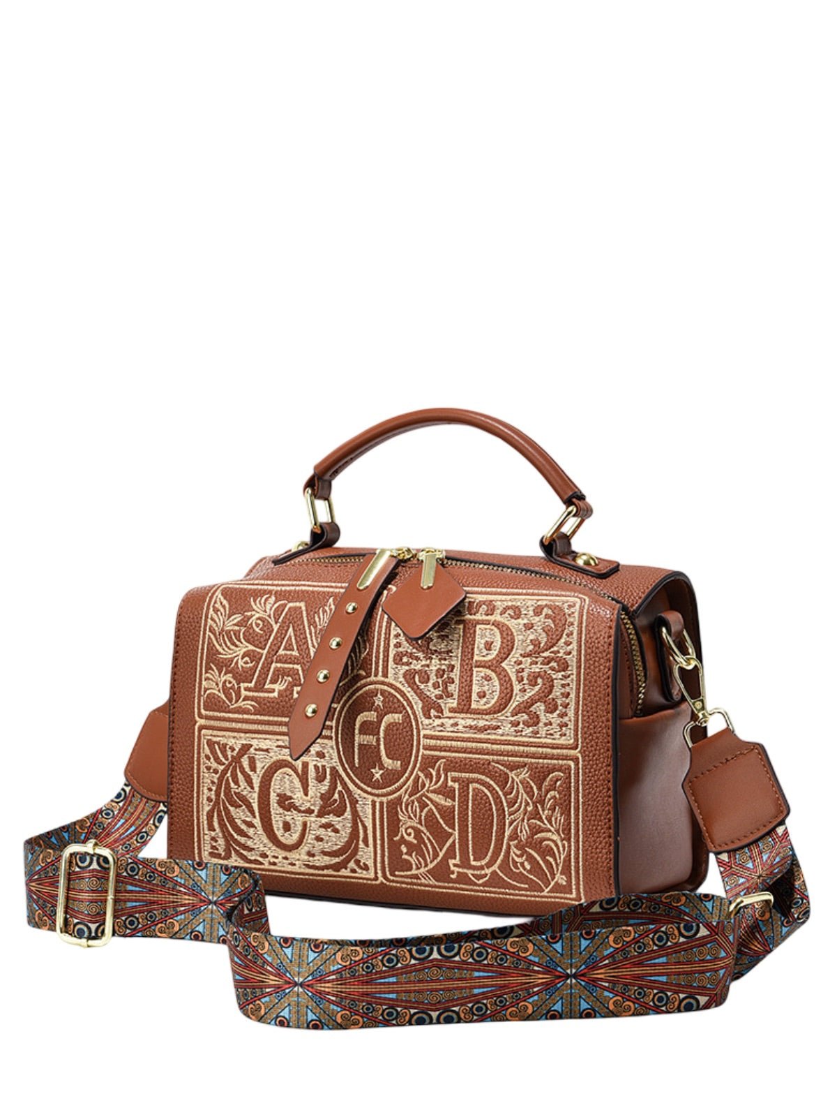 Sac à main brodé, sac bandoulière femme, sac carré compact, sac rigide PU, sac original avec anses, modèle Ernestine - Sac à main - Marron