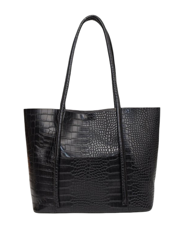 Sac à main cabas texturé, grand format, porté épaule, intérieur suédine, bouton magnétique, poche extérieure, modèle Placidie - Sac à main - Noir