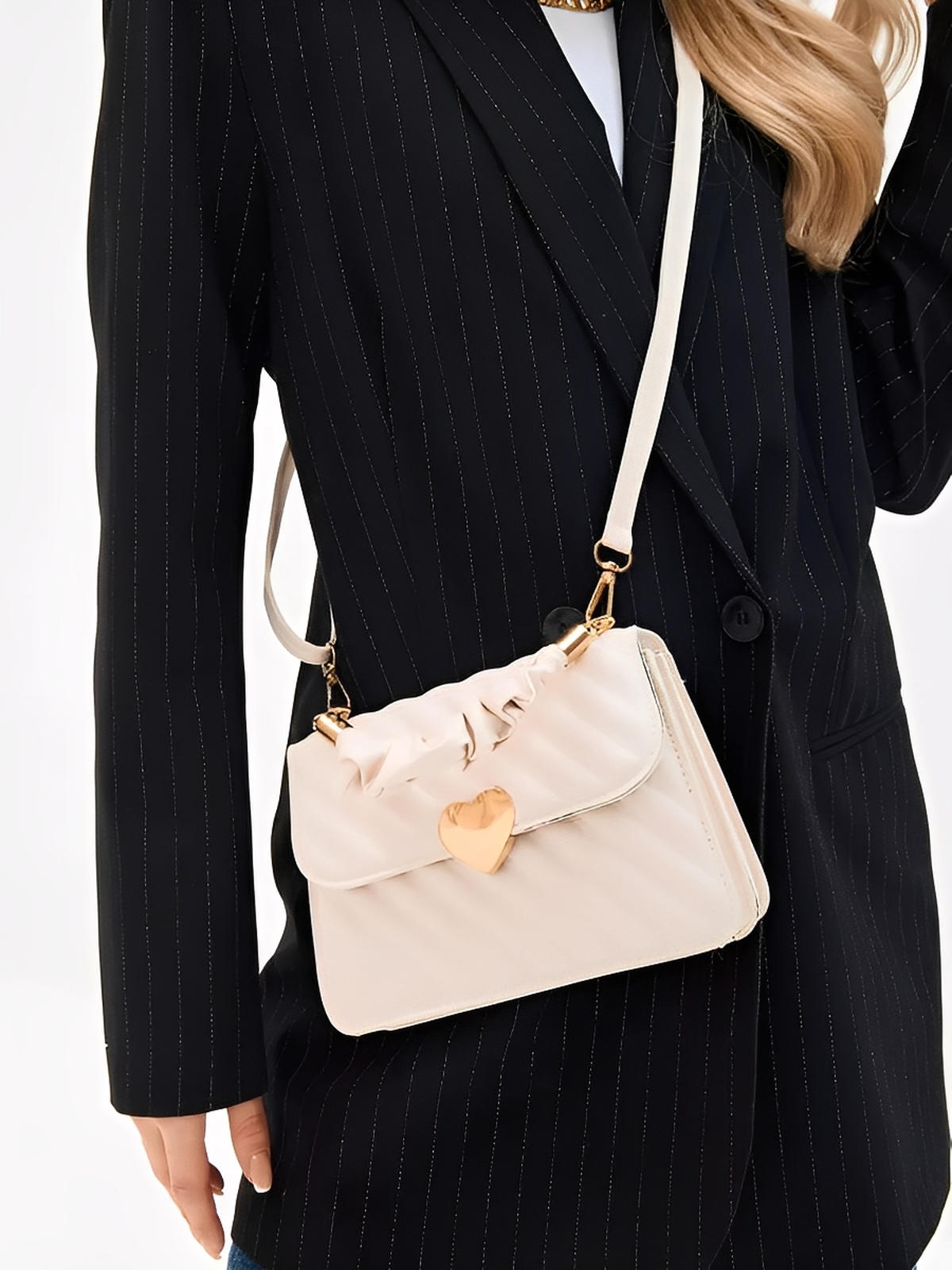 Sac à main cœur, bandoulière amovible, porté main, forme rectangulaire, simili vegan matelassé, modèle Solange - Sac à main - Blanc