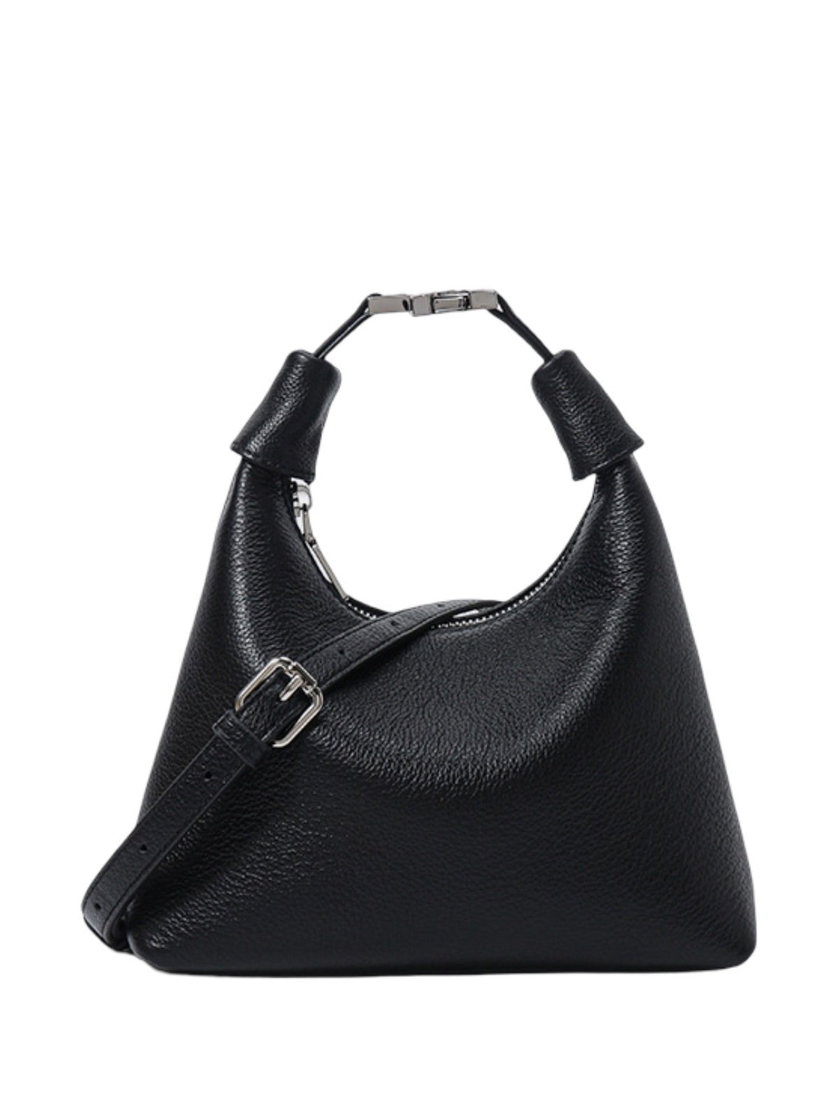 Sac à main coquillage cuir grainé, poignée nouée, porté main et bandoulière, zip sécurisé, noir ou blanc cassé, modèle Nymphe - Sac à main - Noir