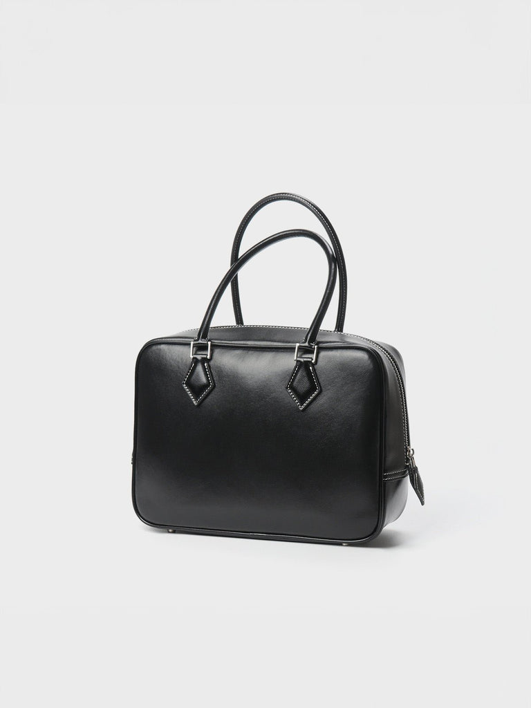 Sac à main cuir rigide femme, sac boston petite taille, sac bandoulière forme boxy, sac carré tendance, sac porté main chic, modèle Aure - Sac à main - Noir