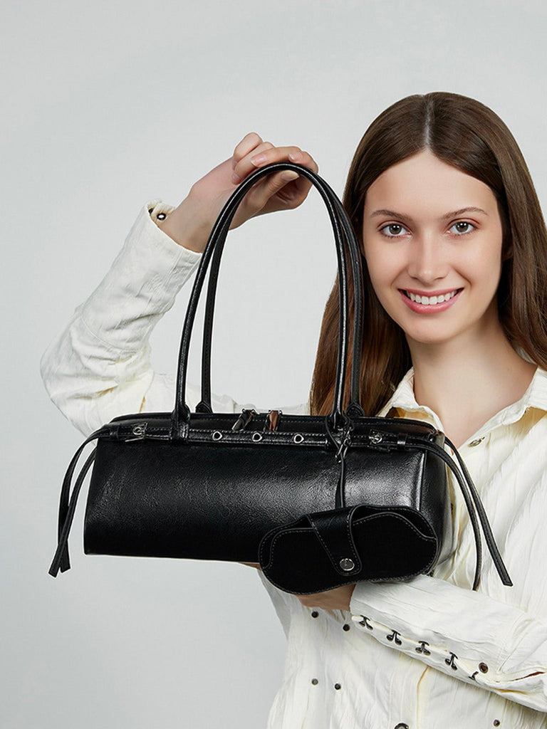 Sac à main en cuir femme, sac à main bandoulière épaule, sac baguette rétro tendance, grand format quotidien, poche extérieure pratique, modèle Isane - Sac à main - Noir