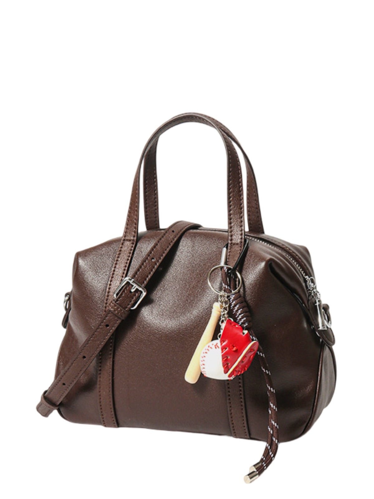 Sac a main en cuir femme, sac tendance avec charms baseball, sac bandoulière marron, sac chic école, modèle Victorine - Sac à main - Café