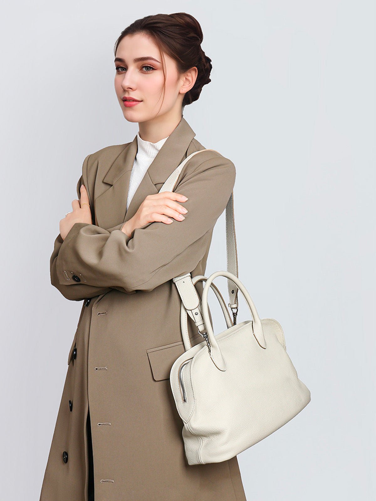 Sac à main en cuir ivoire, porté main et épaule, grande capacité, souple, zip sécurisé, modèle Andreane - Sac à main - Blanc