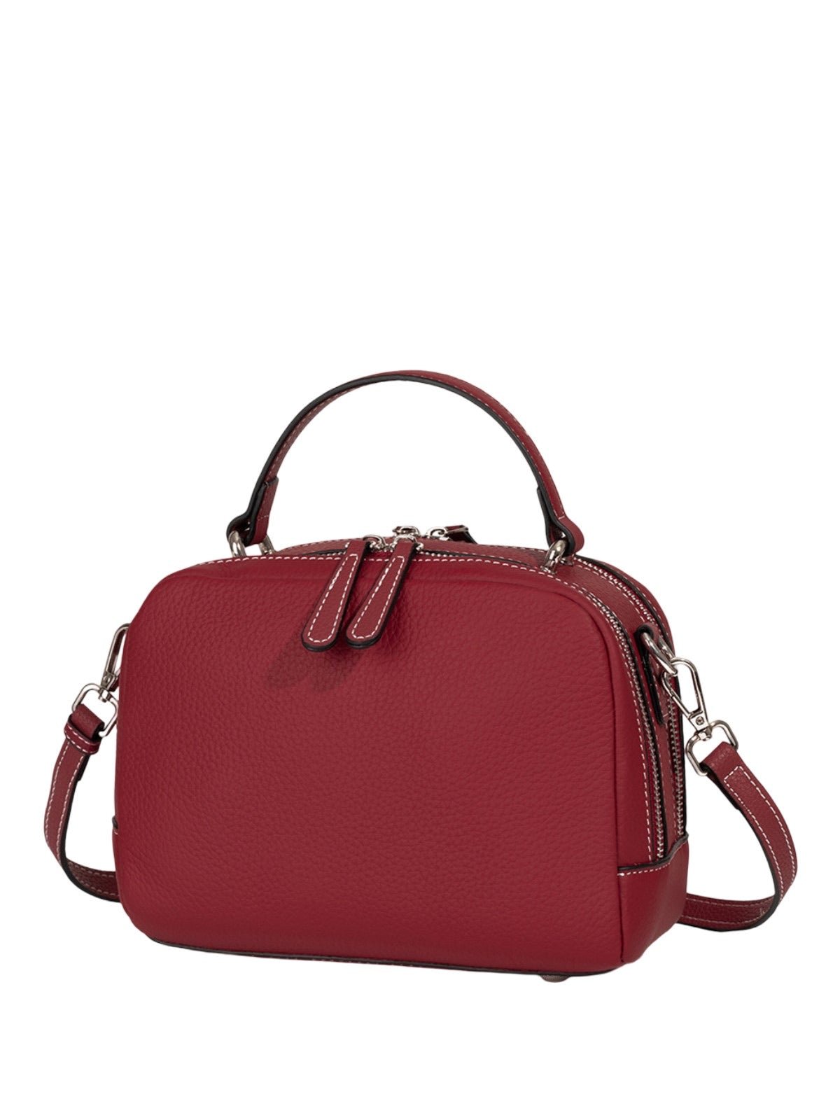 Sac à main en cuir, petit format rigide, bandoulière réglable, compartiments zippés, style urbain, modèle Gravine - Sac à main - Bordeaux