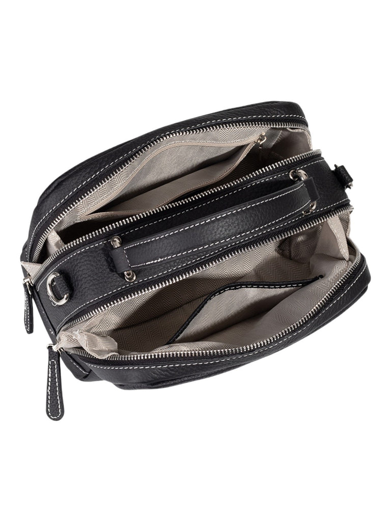 Sac à main en cuir, petit format rigide, bandoulière réglable, compartiments zippés, style urbain, modèle Gravine - Sac à main - Noir