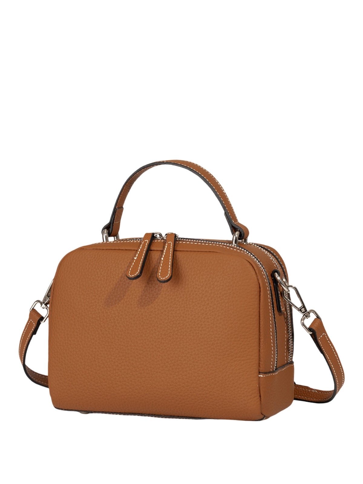 Sac à main en cuir, petit format rigide, bandoulière réglable, compartiments zippés, style urbain, modèle Gravine - Sac à main - Camel